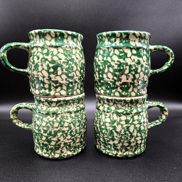 Gerald E Henn Workshops Green Sponge Ware Pottery Mugs Set of 4 Roseville Ohio - Picture 4 of 15